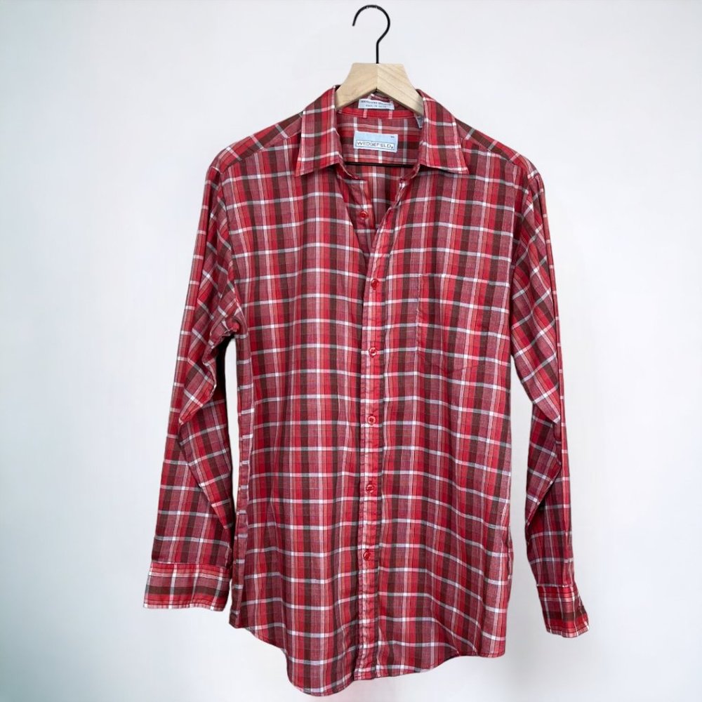Vintage 80s Wedgefield Red Long Sleeve Plaid Button Down Shirt M
